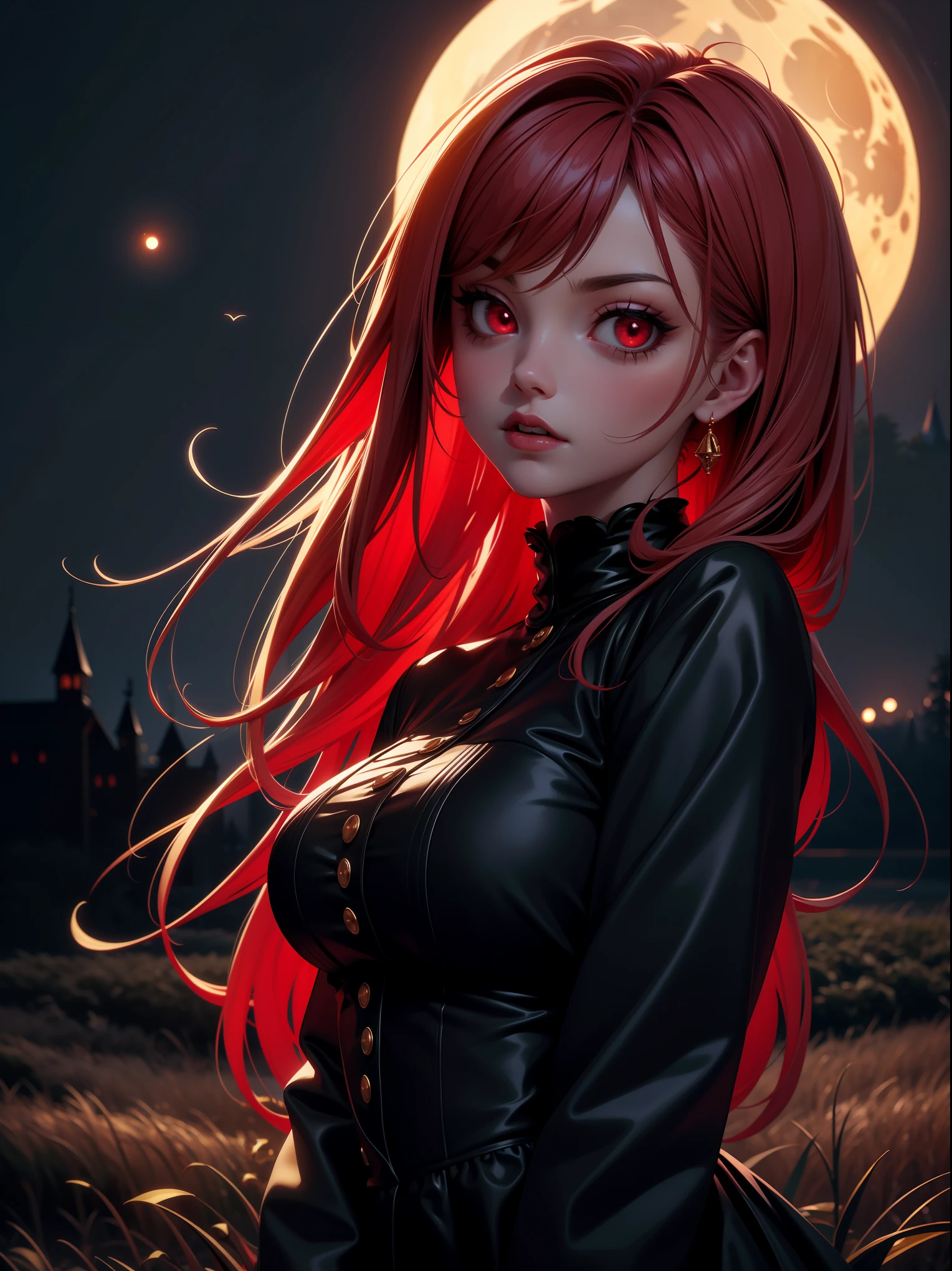 8K, masterpiece, best quality, night, full moon, a cute sweet Vampire, gothic style, cottage background, (cinematic light:1.1), light Gold and Red tetradic colors