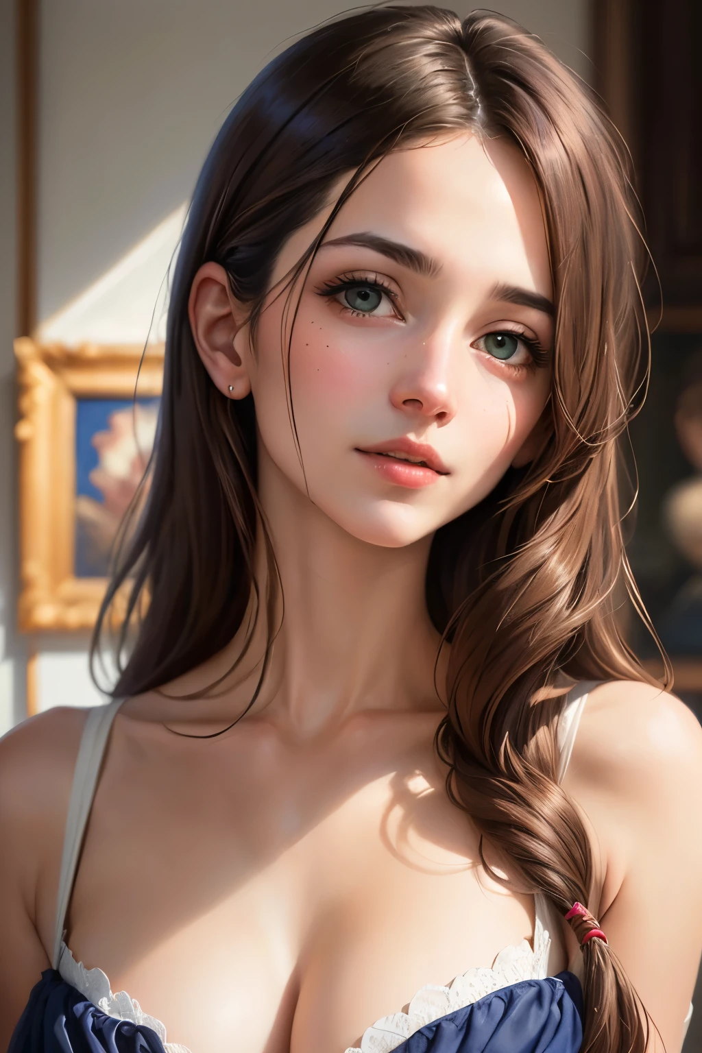 ((best qualityer)), ((work of art)), (detailded), high qualiy, 8K Ultra-HD, hyper-realistic portrait of a captivating woman, The woman is portrayed in a bright setting , your features bathed in a soft, (whole body),Diffuse shine that accentuates the delicate nuances of your expression. O artista, extracting from Sargent's precision, captures every subtle contour of your face, the meanders of your gaze, and the cascading strands of your hair, In this mysterious environment, the artist employs da Vinci's mastery of shadow and light, creating a seductive interaction that accentuates the enigmatic aura that surrounds the woman, Shadows dance on your features, highlighting the depth of the look and adding a touch of secrecy to the composition, por Chalit, altamente detailded