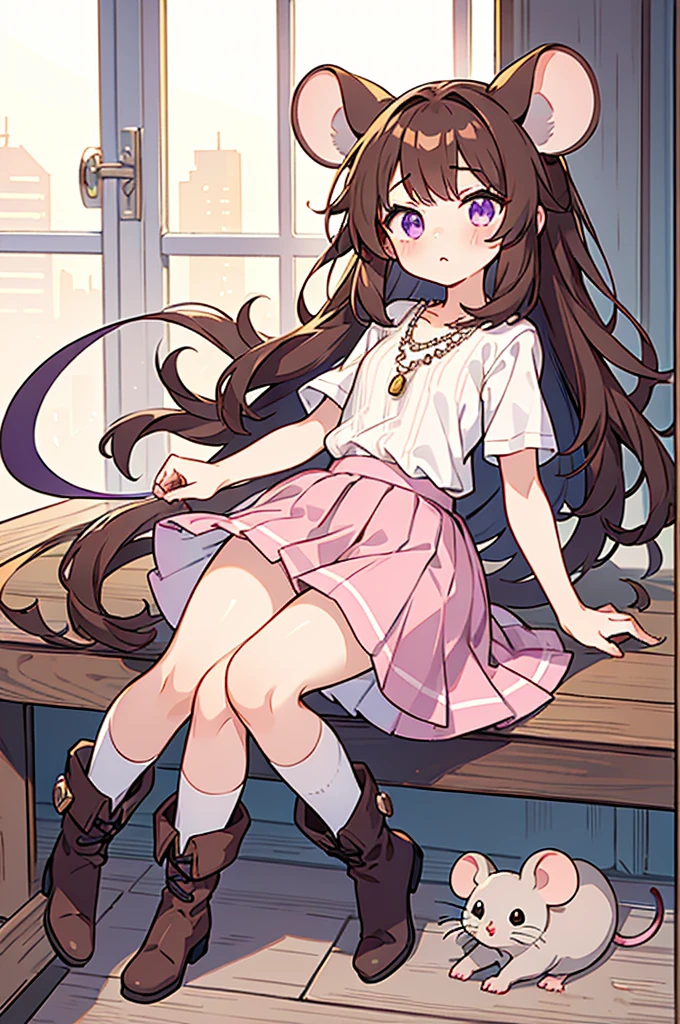 Masterpiece, Ultra quality, 1 girl, mouse-like species, mouse tail, big mouse ears, mouse whiskers, small nose, long shiny brown hair, purple eyes, cute view, looking at the viewer closely, pleading look, long pink skirt, white striped shirt, long brown boots, Pearl Necklace, tender
