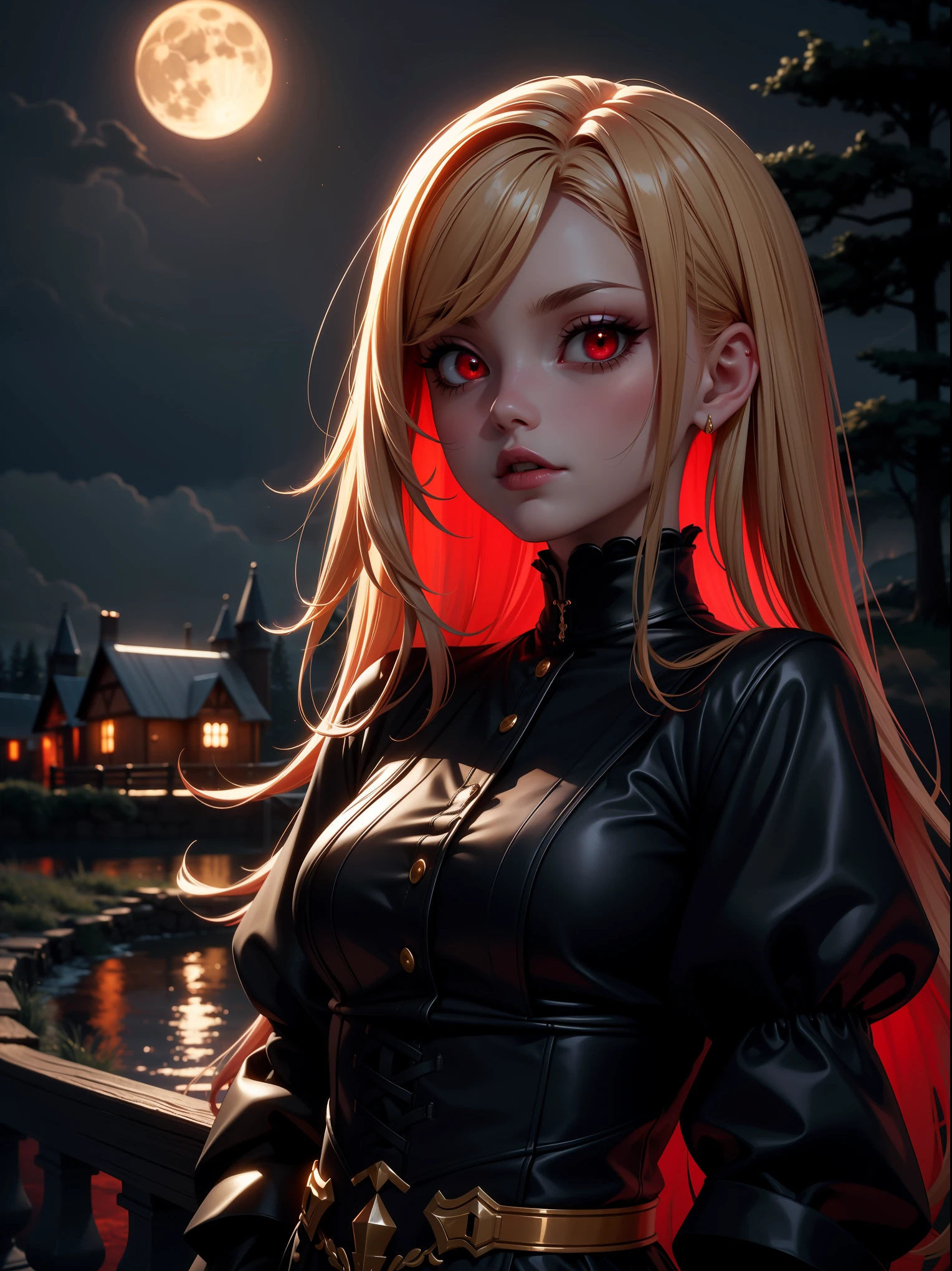 8K, masterpiece, best quality, night, full moon, a cute sweet Vampire, gothic style, cottage background, (cinematic light:1.1), light Gold and Red tetradic colors