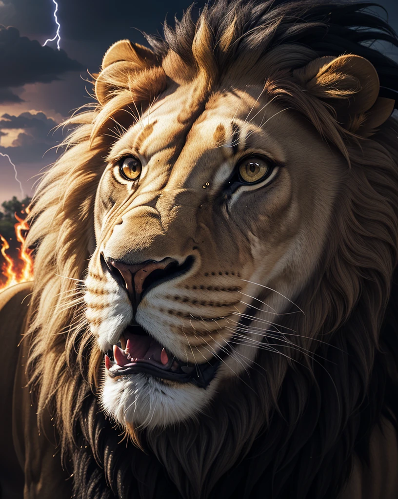 Lion, Divine Lion, majestic, comely, fire, villany,  thunder, Sky thunder, stele, photorrealistic 6K, UltraHD Detailed, detailed colors 8K, Lion Elegante, floor, stele, lightning strikes, heavens, céu Godlike, tempest, Towards the heavens, Detailed Realistic Lion, Photorealistic Lion, golden lion, 16K UltraHD, heavenly, Godlike, photorrealistic, Rendering, 4K, 8K, detailed textures, detailed shadows, padoru, detailed colors, God&#39;s Heaven, UltraHD 16K Details, 16k texturas photorrealistics, detailed sharpness 16K, detailed sharpness, detailed colors, realistic shadows, Ultra realistic textures, high power, Natural Beauty, natural colors, realistic contrast, Texturas photorrealistics, detailed colors, lifelike colors, detailed shadows, luminous face, villany, Detailed face 4k, ultra detaild, contraste realista de 8K, detailed sharpness, cores Ultra HD, chic,