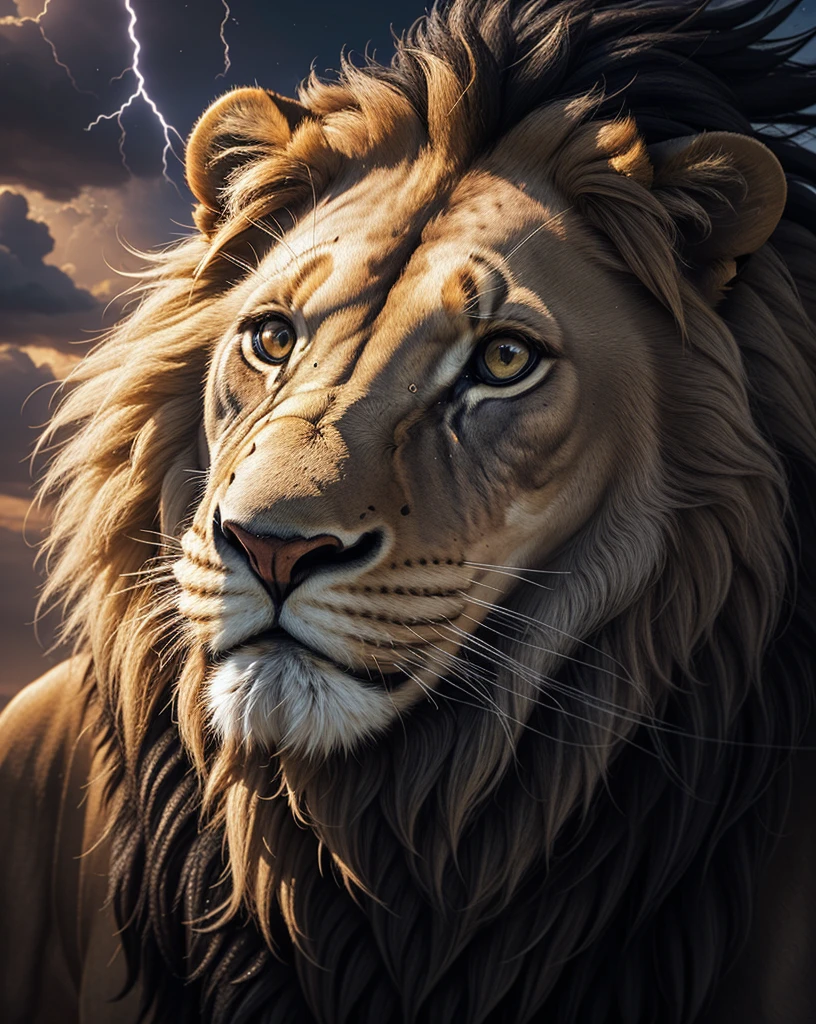 Lion, Divine Lion, majestic, comely, fire, villany, thunder, Sky thunder, stele, photorrealistic 6K, UltraHD Detailed, detailed colors 8K, Lion Elegante, floor, stele, lightning strikes, heavens, céu Godlike, tempest, Towards the heavens, Detailed Realistic Lion, Photorealistic Lion, golden lion, 16K UltraHD, heavenly, Godlike, photorrealistic, Rendering, 4K, 8K, detailed textures, detailed shadows, padoru, detailed colors, God's Heaven, UltraHD 16K Details, 16k texturas photorrealistics, detailed sharpness 16K, detailed sharpness, detailed colors, realistic shadows, Ultra realistic textures, high power, Natural Beauty, natural colors, realistic contrast, Texturas photorrealistics, detailed colors, lifelike colors, detailed shadows, luminous face, villany, Detailed face 4k, ultra detaild, contraste realista de 8K, detailed sharpness, cores Ultra HD, chic,