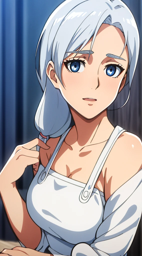 ,
deep cleavage, collarbone, White apron,bare shoulders,
White Hair, blue eyes, Bangs, single braid,
1 girl, 20yo,Young female,Beautiful Finger,Beautiful long legs,Beautiful body,Beautiful Nose,Beautiful character design, perfect eyes, perfect face,expressive eyes,
(masterpiece:1.0),(best_quality:1.0), ultra high res,4K,ultra-detailed,
photography, 8K, HDR, highres, absurdres:1.2, Kodak portra 400, film grain, blurry background, bokeh:1.2, lens flare, (vibrant_color:1.2)
(Beautiful,large_Breasts:1.4), (beautiful_face:1.5),(narrow_waist), tassel earrings