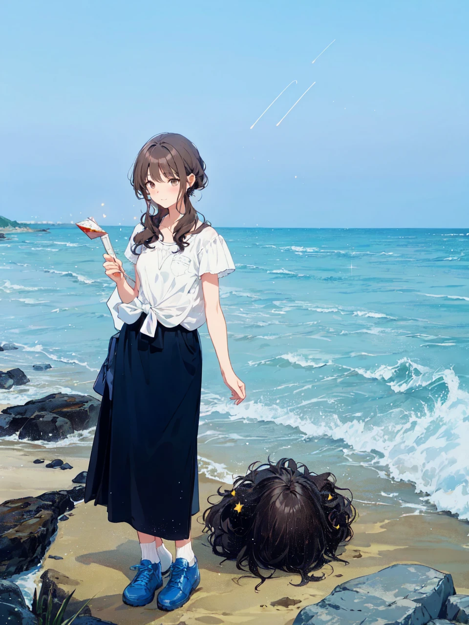 “Painting of two lovers their first anniversary. They are looking at the shooting stars at the beach. The girl has long wavy black hair and the boy has medium-short brown curly hair, black and white coloring page