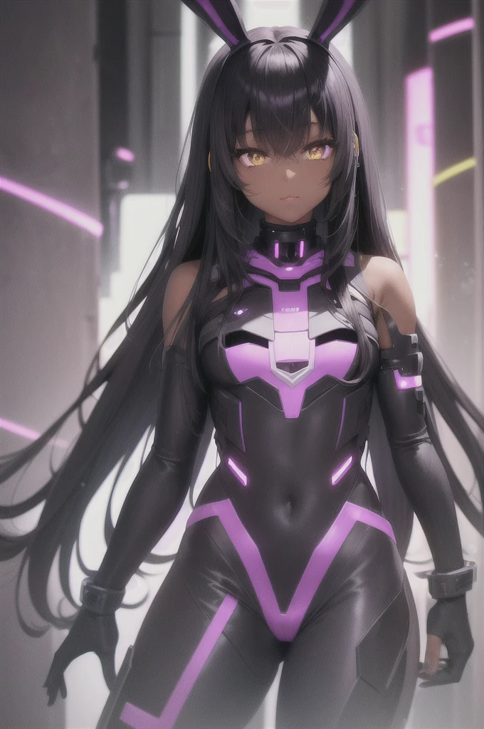 Cute dark skin , bunny ears , black hair with purple accents, yellow eyes  , Cyborg , night city