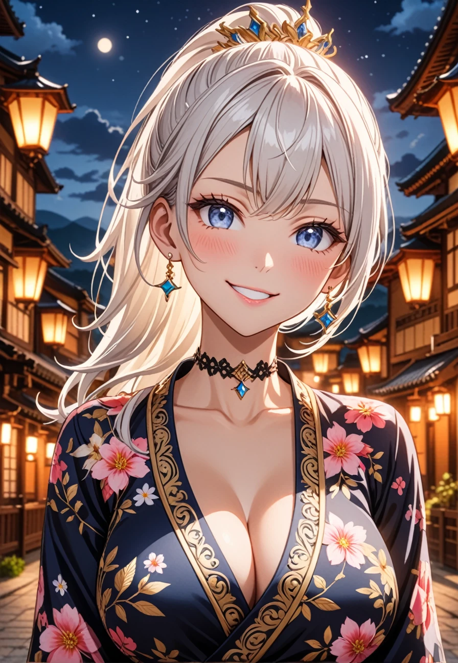 ((One personの女性)), Beautiful Face, (Laughing embarrassedly), ((smirk:1.2)), ((Wink:1.3)), (head tilt:1.3), upper teeth, looking at viewer, ((full-face brash:1.5)), ((Big Breasts:1.3)), night,Countryside landscape, Glossy Red Lips, (Shining Face), ((Anime style background)),masterpiece, Highest quality, so beautiful,up to date, Complex details, (Pink long nails), (nail art), (ring),(bracelet),(Floral choker), AI-generated, Complex,High resolution, Highest quality, super high quality,3D Images、3D Images,One person,Long white hair,High Ponytail, Anime woman posing for a photo, ((silver eyes:1.3)), ((Fine grain、blue eyes、Shining Eyes:1.3)), (Squint your eyes:1.1),a hyperRealistic , hyperRealistic , Realistic,Anime woman with long white hair, Smooth anime CG art, (A woman in a colorful kimono with gold embroidery), ((Black long sleeve kimono:1.8)), (Red floral pattern),Long flower hair ornament,Earrings,Mature Body,Tall,Abdominal muscles,Tight waist, ((Zoom in on face:1.8)), (front view:1.3),