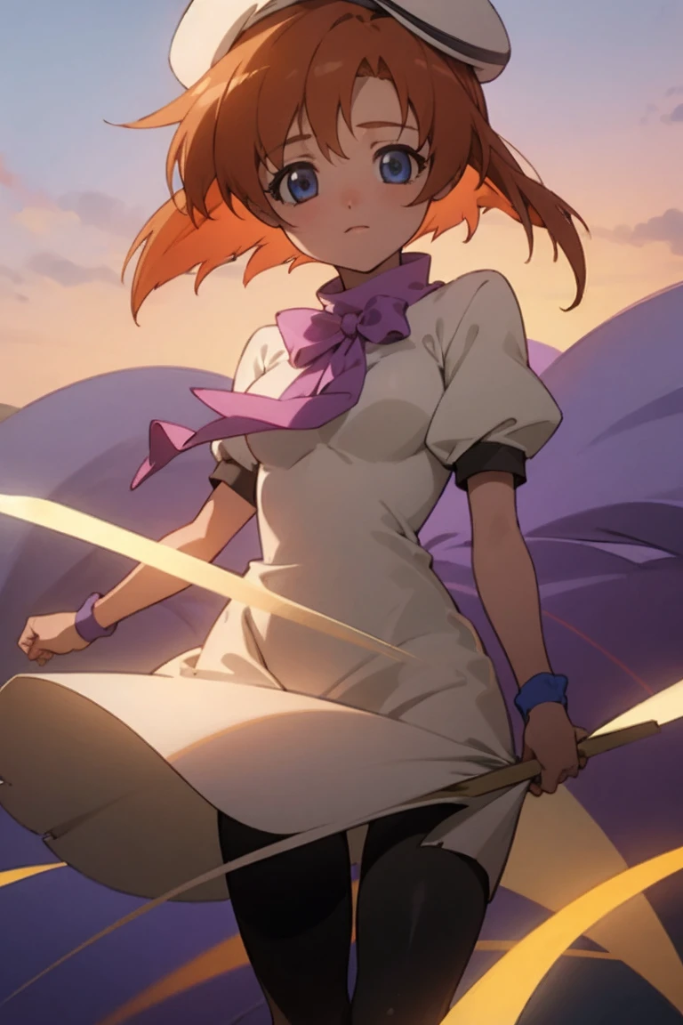 One girl，Beautiful viewasterpiece、Highest quality)，Short Hair,Orange Hair，Blue wristband，Purple ribbon，Black tights，Short sleeve，Warm lighting,Light colors,White Dress、White Beret，Blue eyes,Slit dress