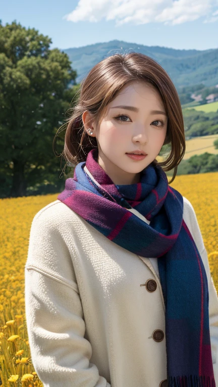 8K, Highest quality, masterpiece, Realistic, Super detailed, photo Realistic, Improvement of quality, Photo of a girl standing in a field wearing a scarf, The designer&#39;s dark and gloomy style, Large chunk, Photobash, Calm face, Jagged Edges, navy, Natural Beauty, Close-up shot