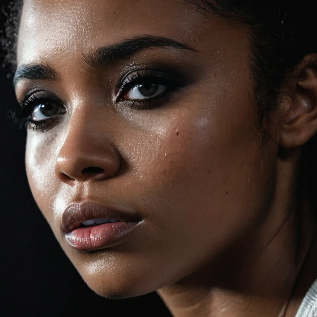 close up and zoomed in on a beautiful depressed very sad emotional sad crying black girl and a black background, sad, depressed, emotional, close up on side profile only showing cheek and eyelight falling on face, noir photorealism, mysterious portrait of a woman, chiaroscuro portrait, close up on side profile, tinashe, zoe kravitz, zoomed in on tear drop, euphoria vibes, black and white, dark