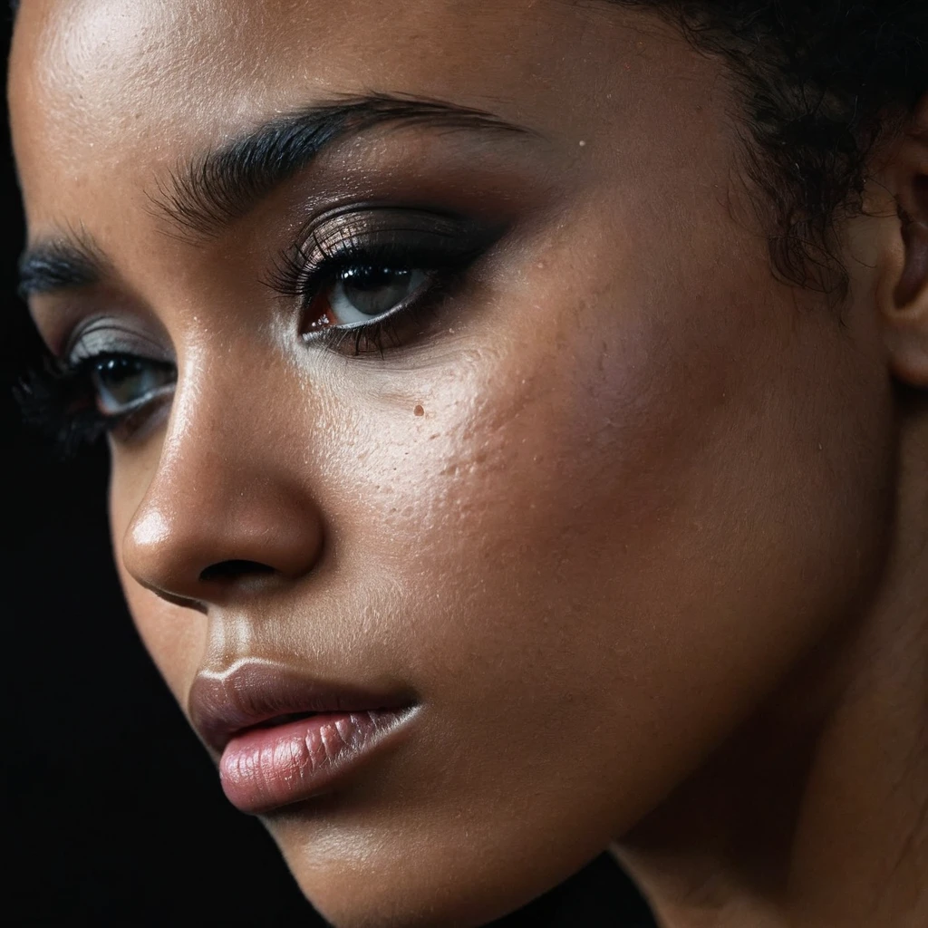 close up and zoomed in on a beautiful depressed very sad emotional sad crying black girl and a black background, sad, depressed, emotional, close up on side profile only showing cheek and eyelight falling on face, noir photorealism, mysterious portrait of a woman, chiaroscuro portrait, close up on side profile, tinashe, zoe kravitz, zoomed in on tear drop, euphoria vibes, black and white, dark