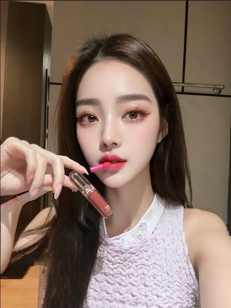 there is a woman holding a lipstick in her hand and a brush in her mouth, lipgloss, 18 yo, 8k selfie photograph, popular south korean makeup, dilraba dilmurat, putting on lipgloss, clear lips and high quality, popular korean makeup, full glossy lips, yanjun chengt, jossi of blackpink