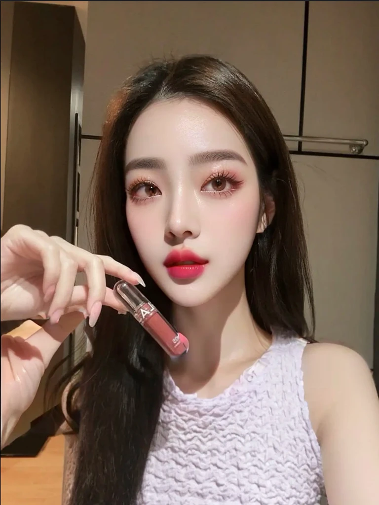 there is a woman holding a lipstick in her hand and a brush in her mouth, lipgloss, 18 yo, 8k selfie photograph, popular south korean makeup, dilraba dilmurat, putting on lipgloss, clear lips and high quality, popular korean makeup, full glossy lips, yanjun chengt, jossi of blackpink