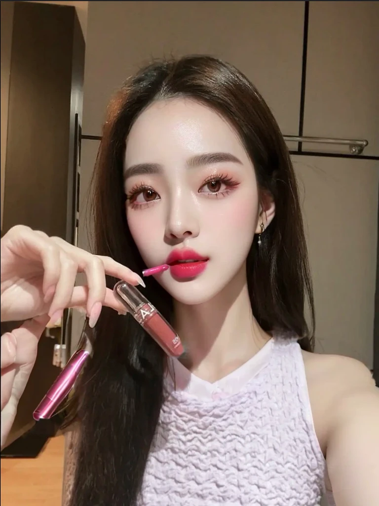 there is a woman holding a lipstick in her hand and a brush in her mouth, lipgloss, 18 yo, 8k selfie photograph, popular south korean makeup, dilraba dilmurat, putting on lipgloss, clear lips and high quality, popular korean makeup, full glossy lips, yanjun chengt, jossi of blackpink
