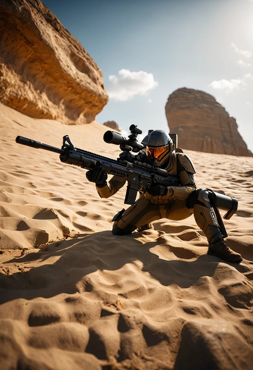 8k resolution, best qualityer, work of art:1.2, realisitic, photo-realisitic:1.37, ultra detali, best qualityer, ultra high resolution, professional lighting, Photon mapping, radiosity, physically based rendering, cinematic lighting, engine unreal, Depth of field, sharp focus, CRU photo, good composition, bokeh:1.2, 35mm lens:1.25,  (Among Invaders)+, deserted planet, sandy winds, crouched behind the rock, shooting to the right with a blaster rifle, 