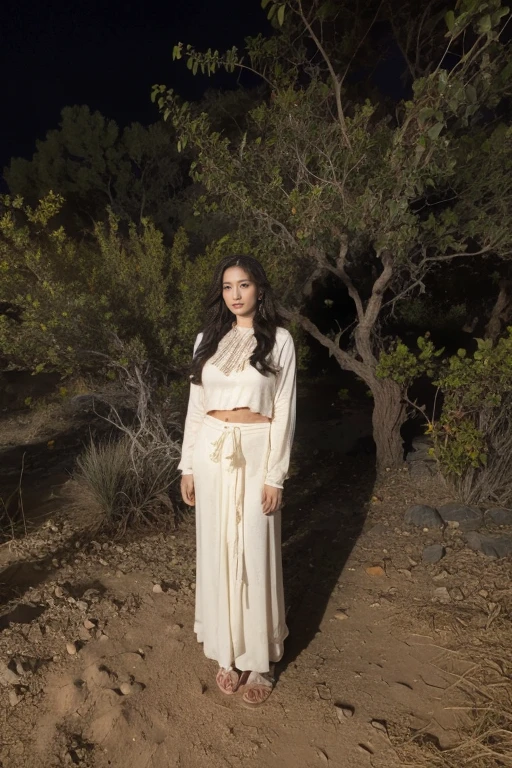 Western United States，Indian tribe in the desert，Night，Full body portrait, 8K, masterpiece, The most detailed, Highest quality, Perfect appearance. Too realistic, Create a fit, Indian woman, Feral，Perfect body，Charming eyes，Tan skin, muscle, bounce, (Long hair:1.3), indian ethnic costumes，Indian clothing，dark theme, Dense forest, night, dark,Bonfire in the background，indian tent，A group of American soldiers in the background