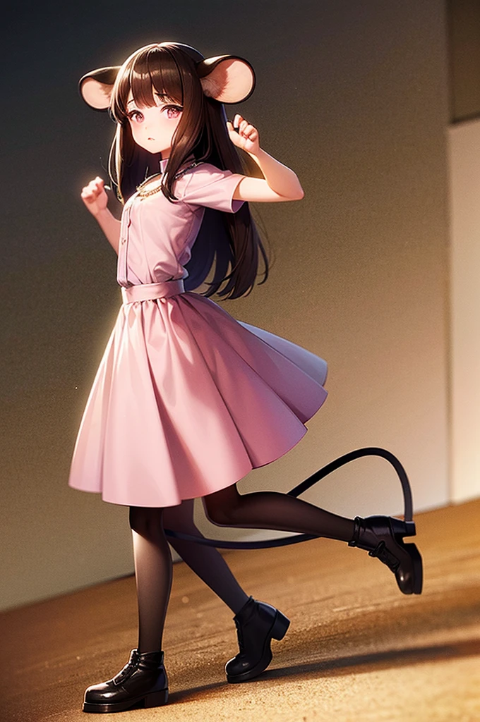 Masterpiece, Ultra quality, 1 girl, mouse-like species, mouse tail, big mouse ears, mouse whiskers, small nose, long shiny brown hair, purple eyes, cute view, looking at the viewer closely, pleading look, long pink skirt, white striped shirt, long brown boots, Pearl Necklace, tender