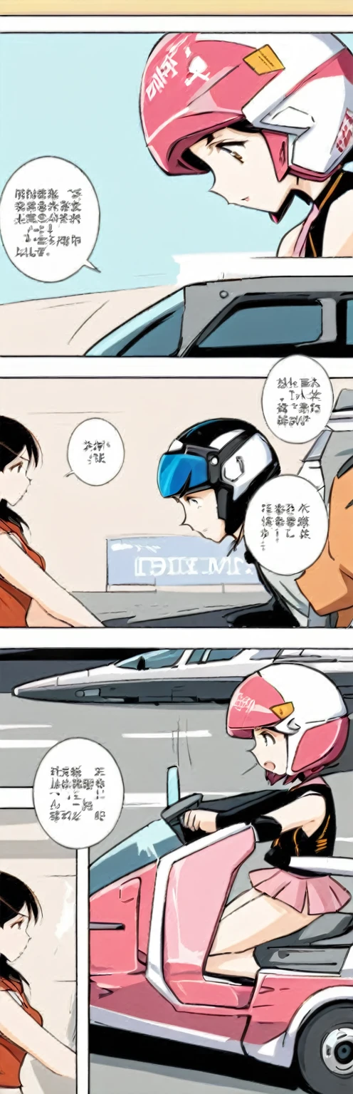 (Masterpiece, Best Quality:1.2), 1 girl, Alone,standing_to divide, 
, short hair，negro sleeveless short vest，pink skirt，negro, pilot, jet hariere, f18, woman helmet, casco pilot, beautiful, driving jet, driving, airport, comic, Manga