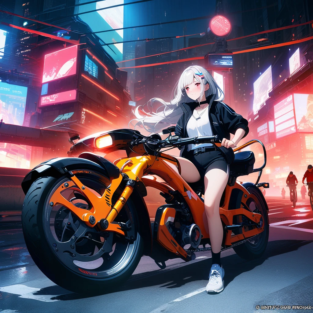 Official Art, 1girl, Unity 8K wallpaper, Extremely detailed, beautiful and aesthetic, masterpiece, best quality, Practical, trumpet, blush, Long hair, White hair, Striped hair, Red Eyes, Hairpin, Moles under the eyes,  Red autumn bicycle, Cycling, night, Cyberpunk Cityscape, Epic screen, delicate.