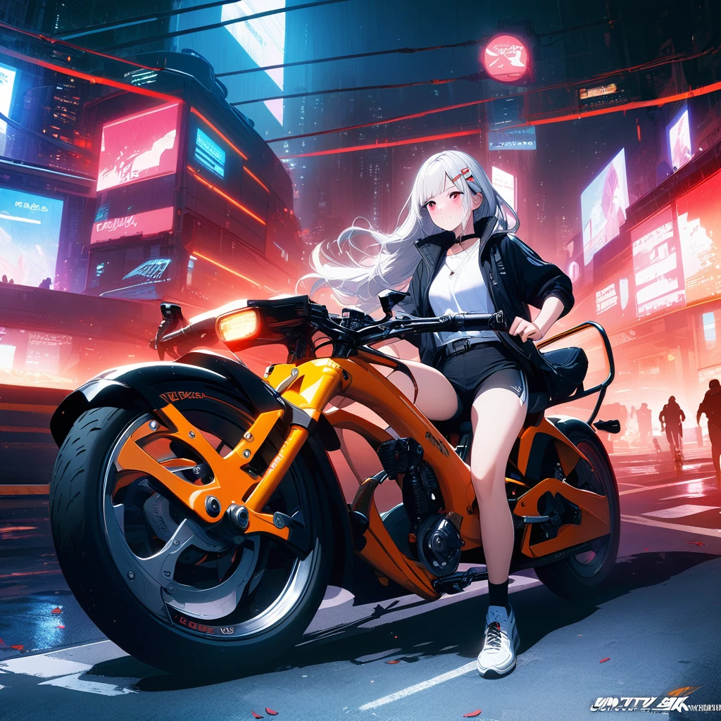 Official Art, 1girl, Unity 8K wallpaper, Extremely detailed, beautiful and aesthetic, masterpiece, best quality, Practical, trumpet, blush, Long hair, White hair, Striped hair, Red Eyes, Hairpin, Moles under the eyes, Red autumn bicycle, Cycling, night, Cyberpunk Cityscape, Epic screen, delicate.