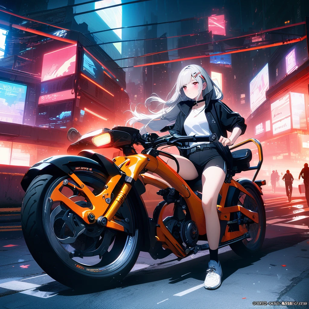 Official Art, 1girl, Unity 8K wallpaper, Extremely detailed, beautiful and aesthetic, masterpiece, best quality, Practical, trumpet, blush, Long hair, White hair, Striped hair, Red Eyes, Hairpin, Moles under the eyes, Red autumn bicycle, Cycling, night, Cyberpunk Cityscape, Epic screen, delicate.