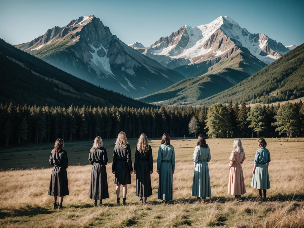 8 WOMEN WITH THEIR BACKS IN A FIELD, LOOKING AT A MOUNTAIN, Tall Grass