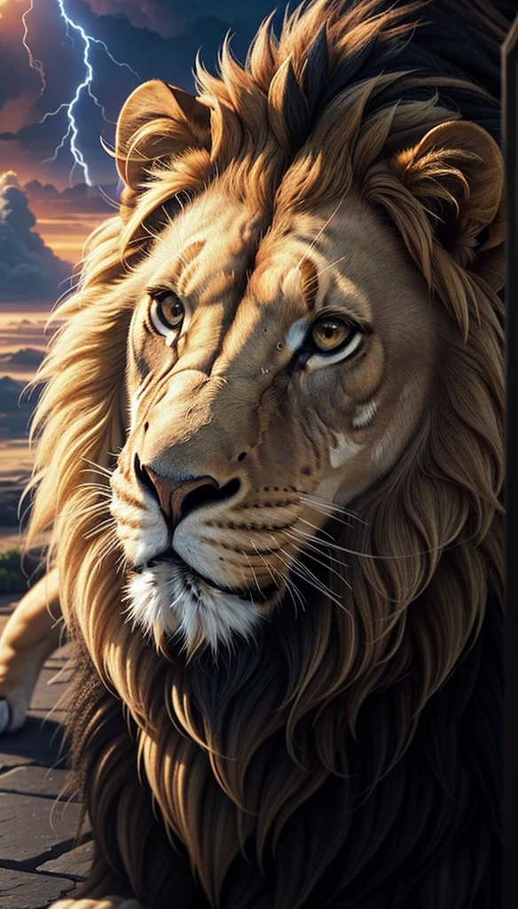 Lion, Divine Lion, majestic, comely, fire, villany, thunder, Sky thunder, stele, photorrealistic 6K, UltraHD Detailed, detailed colors 8K, Lion Elegante, floor, stele, lightning strikes, heavens, céu Godlike, tempest, Towards the heavens, Detailed Realistic Lion, Photorealistic Lion, golden lion, 16K UltraHD, heavenly, Godlike, photorrealistic, Rendering, 4K, 8K, detailed textures, detailed shadows, padoru, detailed colors, God's Heaven, UltraHD 16K Details, 16k texturas photorrealistics, detailed sharpness 16K, detailed sharpness, detailed colors, realistic shadows, Ultra realistic textures, high power, Natural Beauty, natural colors, realistic contrast, Texturas photorrealistics, detailed colors, lifelike colors, detailed shadows, luminous face, villany, Detailed face 4k, ultra detaild, contraste realista de 8K, detailed sharpness, cores Ultra HD, chic,