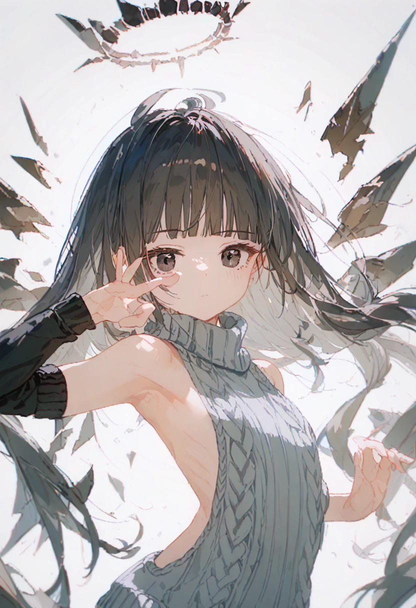 (score_9, score_8_up, score_7_up), 1girl, VirtuosaBase, cute, (chibi:0.7), black hair, blunt bangs, long hair, broken halo, energy wings, black eyes, mole under right eye, small breasts, virgin killer sweater, detached sleeves, gray sweater, single hand victory pose, hand on hip, leaning forward, looking at viewer, upper body, zoom out, white background,