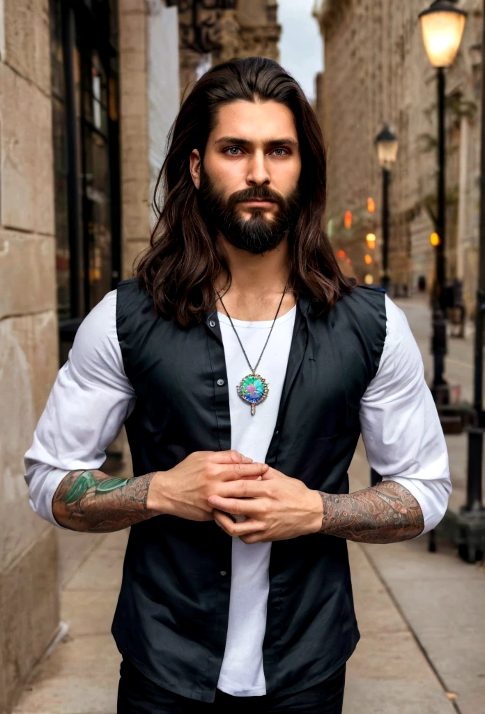 best quality,4k,8k,Altas,master part:1.2),ultra-detalhado,(Realistic,fotorrealista,photo-realistic:1.37),jesus cristo,estilo de arte tradicional,vivid and realistic,modern city,Chicago,Charismatic expression,postura humilde,modern interpertation,Noble Features,finely detailed facial features,dynamic compositing,Paradisiacal scenery,olhar confiante,,ambiente com Luz do sol dourada iluminando a cena,aura de angelical,atmosphric perspective,Explosive lighting, Jesus the man, racially ambiguous, loving, eyeliner, brown skin, crystal pendant,new age, tattoos, very realistic, two arms, amethyst necklace, white opal ring, a man with a beard, wearing modern spiritual tunic