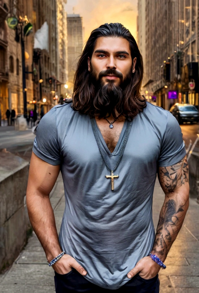best quality,4k,8k,Altas,master part:1.2),ultra-detalhado,(Realistic,fotorrealista,photo-realistic:1.37),jesus cristo,estilo de arte tradicional,vivid and realistic,modern city,Chicago,Charismatic expression,postura humilde,modern interpertation,Noble Features,finely detailed facial features,dynamic compositing,Paradisiacal scenery,olhar confiante,,ambiente com Luz do sol dourada iluminando a cena,aura de angelical,atmosphric perspective,Explosive lighting, Jesus the man, racially ambiguous, loving, eyeliner, brown skin, crystal pendant,new age, tattoos, very realistic, two arms, amethyst necklace, white opal ring, a man with a beard, wearing modern spiritual tunic