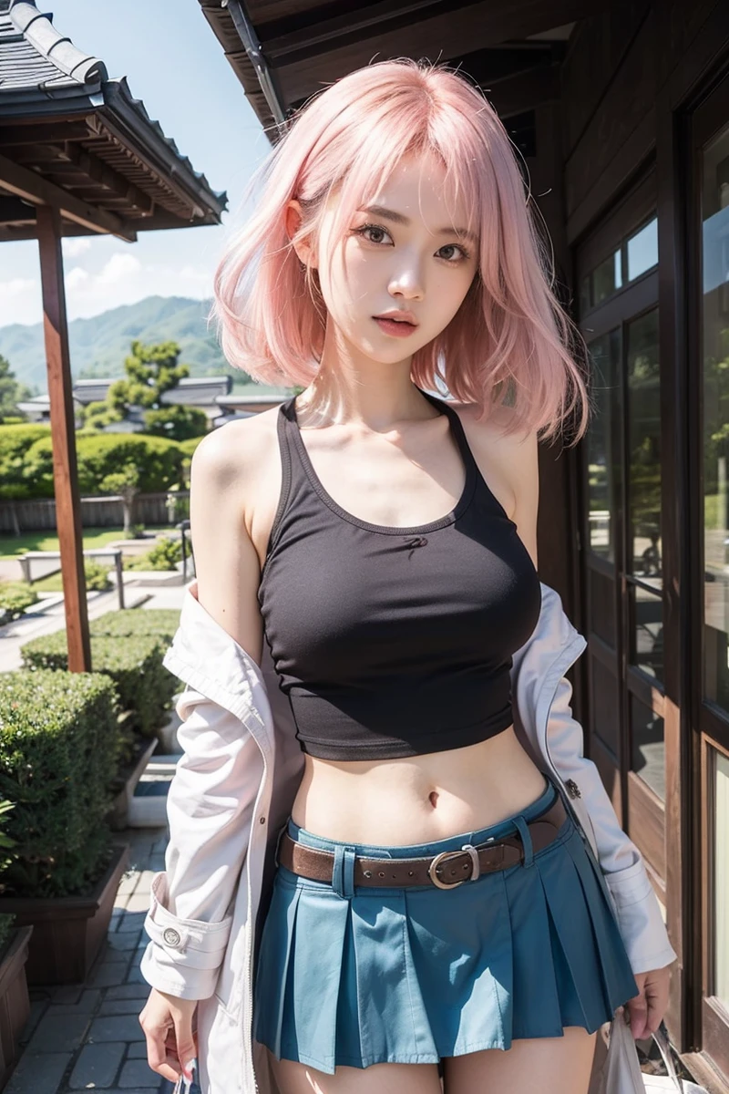 Beautiful Japanese Waifu, early 30s, pink hair, black cropped vest, mini skirt, white coat loose, in front of a japanese country house