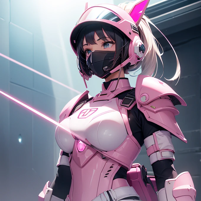 (absurdres, best high quality image, carefuly detailed features and textures, very detailed image, solo character alone, full character view and design): {{(1character: space japanese 26 yeard old girl soldier), (full pink space plate armor, with no revealing body skin, pink metal helmet showing no face, black hair ponytail exposed from the helmet's back, white visor from the pink helmet, pink space full battle armor, pink shoulder plates, pink breast plate with pink heart-shaped-crystal in the upper breast plate, pink gauntlets, pink elbow plates, pink long plate boots, pink bag back pack), (futuristic bow with laser arrows), (aggresive demeanor, running alone, shooting green laser arrows with her bow), (futuristic human warm city with light rays from the blue sky)}}