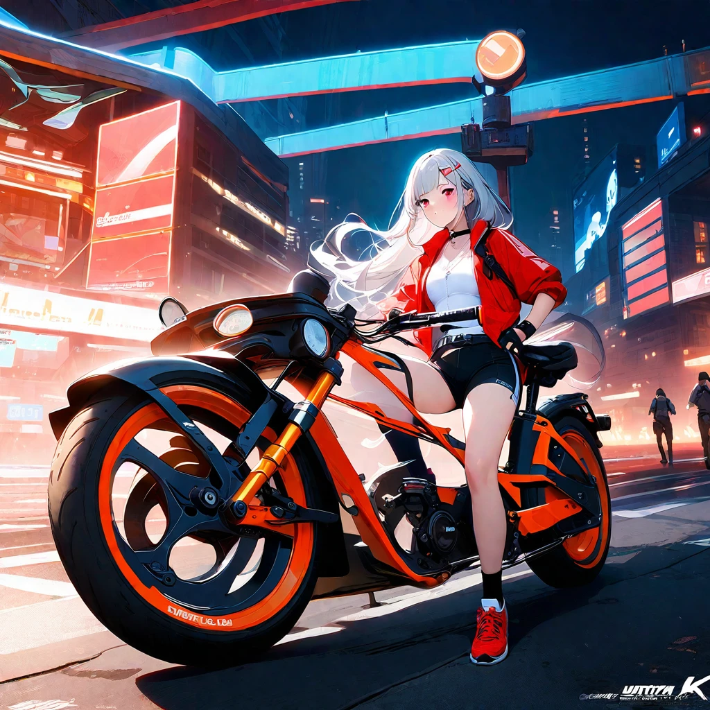 Official Art, 1girl, Unity 8K wallpaper, Extremely detailed, beautiful and aesthetic, masterpiece, best quality, Practical, trumpet, blush, Long hair, White hair, Striped hair, Red Eyes, Hairpin, Moles under the eyes, Red autumn bicycle, Cycling, night, Cyberpunk Cityscape, Epic screen, delicate.