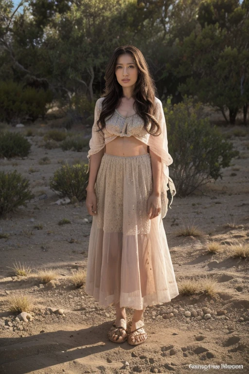 Western United States，Indian tribe in the desert，Night，Full body portrait, 8K, masterpiece, The most detailed, Highest quality, Perfect appearance. Too realistic, Create a fit, Indian woman, Feral，Perfect body，Charming eyes，Tan skin, muscle, bounce, (Long hair:1.3), indian ethnic costumes，Indian clothing，dark theme, Dense forest, night, dark,Bonfire in the background，indian tent，A group of American soldiers in the background