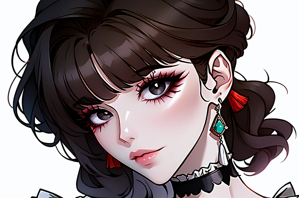 Shoujo style, Aesthetic background, Romance Manhwa, 1girl, Dark hair, solo, Bob hairstyle, villain, Aqua dress, gloves, long sleeves, Choker, Black Eyes, mascara, makeup, artful, looking a viewer, whitebackground, clavicle, puffy sleeves, Silver Accessories, upper-body, frills, bangs, closed mouth, Detailed eyes, (close up), (((Image Macro Details))), pale skin, tassel earrings 
