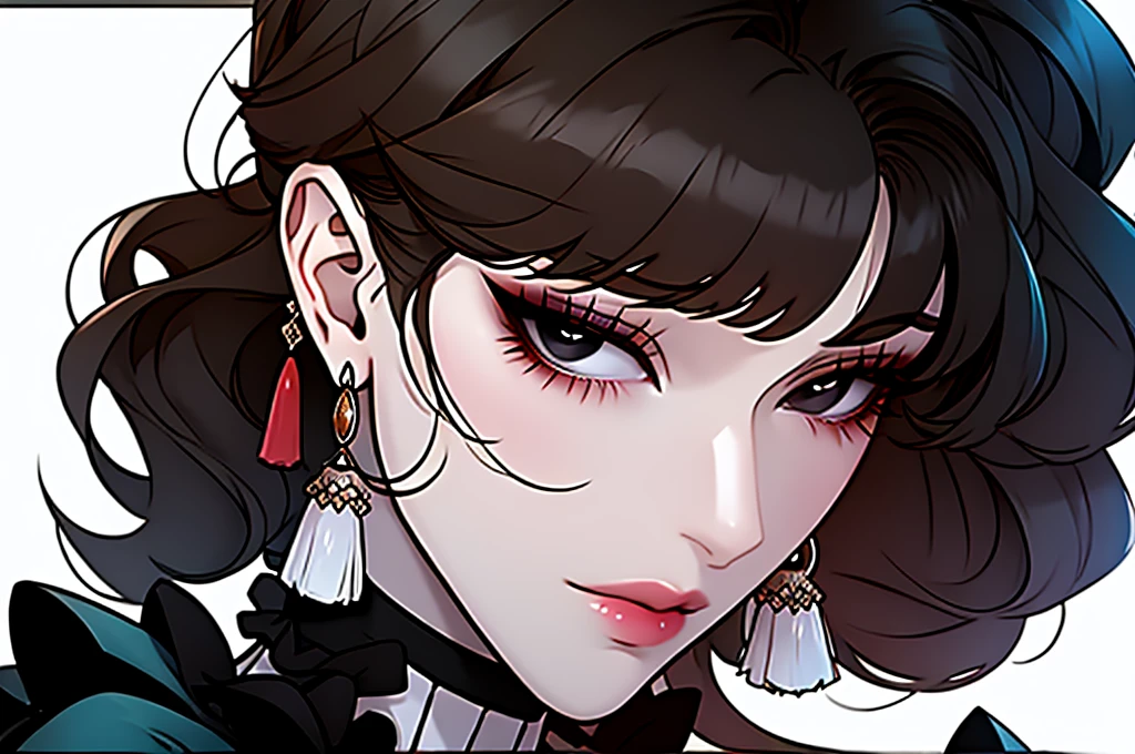 Shoujo style, Aesthetic background, Romance Manhwa, 1girl, Dark hair, solo, Bob hairstyle, villain, Aqua dress, gloves, long sleeves, Choker, Black Eyes, mascara, makeup, artful, looking a viewer, whitebackground, clavicle, puffy sleeves, Silver Accessories, upper-body, frills, bangs, closed mouth, Detailed eyes, (close up), (((Image Macro Details))), pale skin, tassel earrings