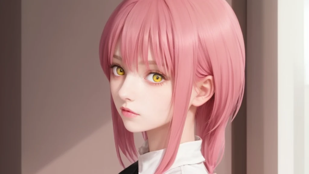 a girl with pink hair, yellow eyes
