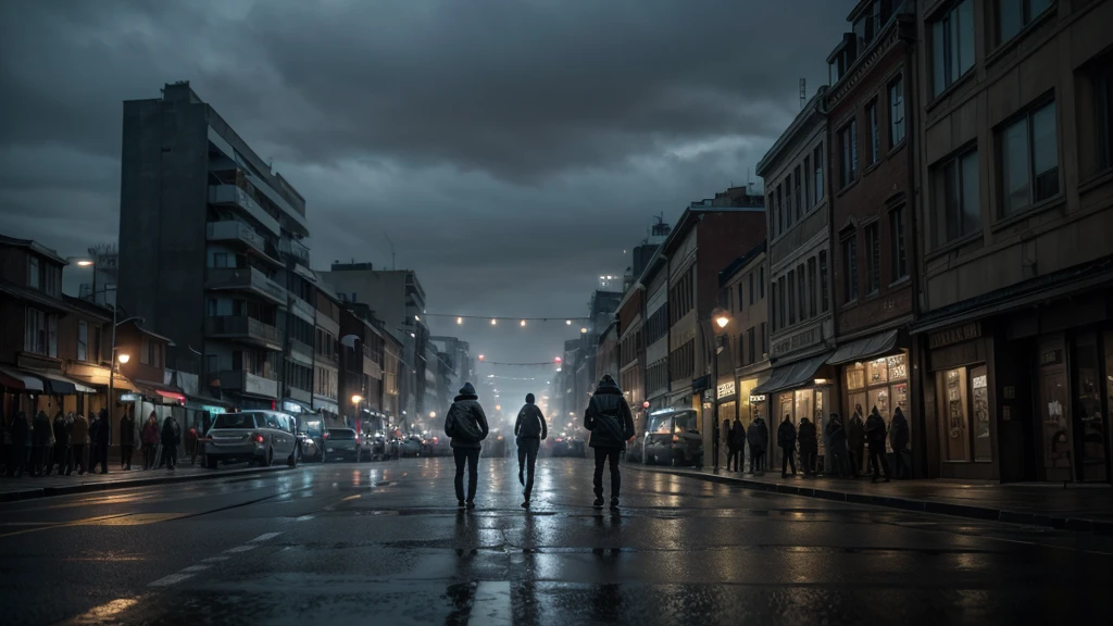  Cinematic, wide shot of a street filled with a powerful, invisible presence, people feeling the weight of it, realistic depiction, urban setting, overcast sky, intense atmosphere. 
