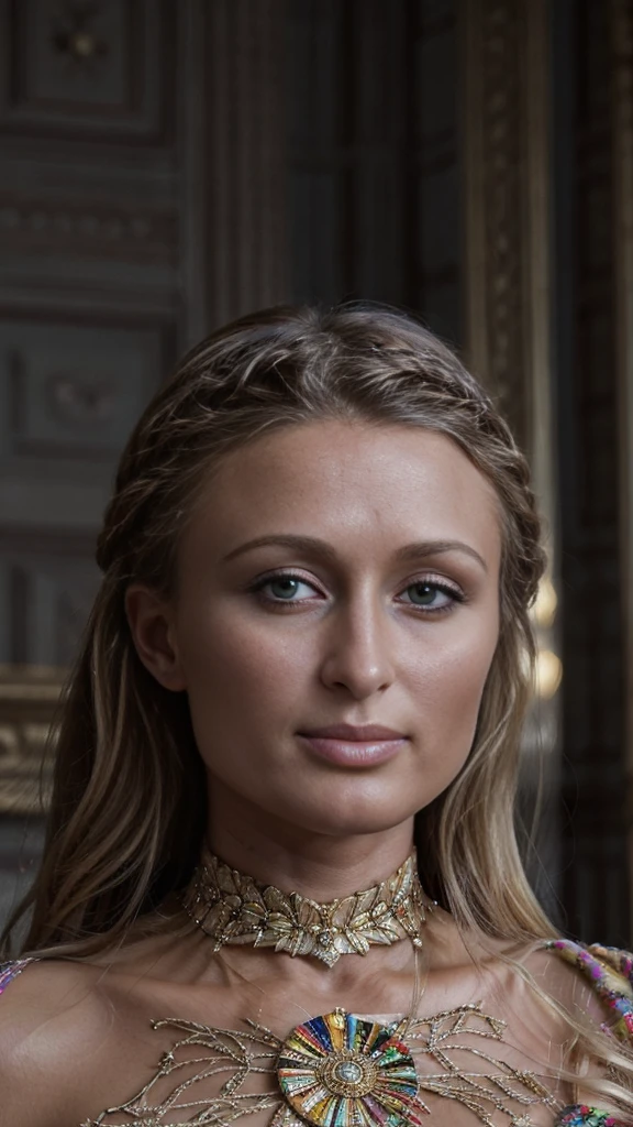 Realistic photo of a beautiful mature woman, Paris Hilton, (skin texture:1.1), (detailed eyes), (brown hair), (braided hair), (detailed face), (skin pores), (legs), (broad shoulders), (lean perfect body), (((extra small breasts))), pale skin, ((high detail plunging colourful royal dress)), throne room background, facing the camera, (masterpiece), (photorealistic:1.4), RAW photo, best quality, high res, rich colors, backlight, bright sunlight, cinematic lighting, film grain, raw photo, 50mm lens, Nikon D850, cool colors, golden ratio, small breasts:1.2