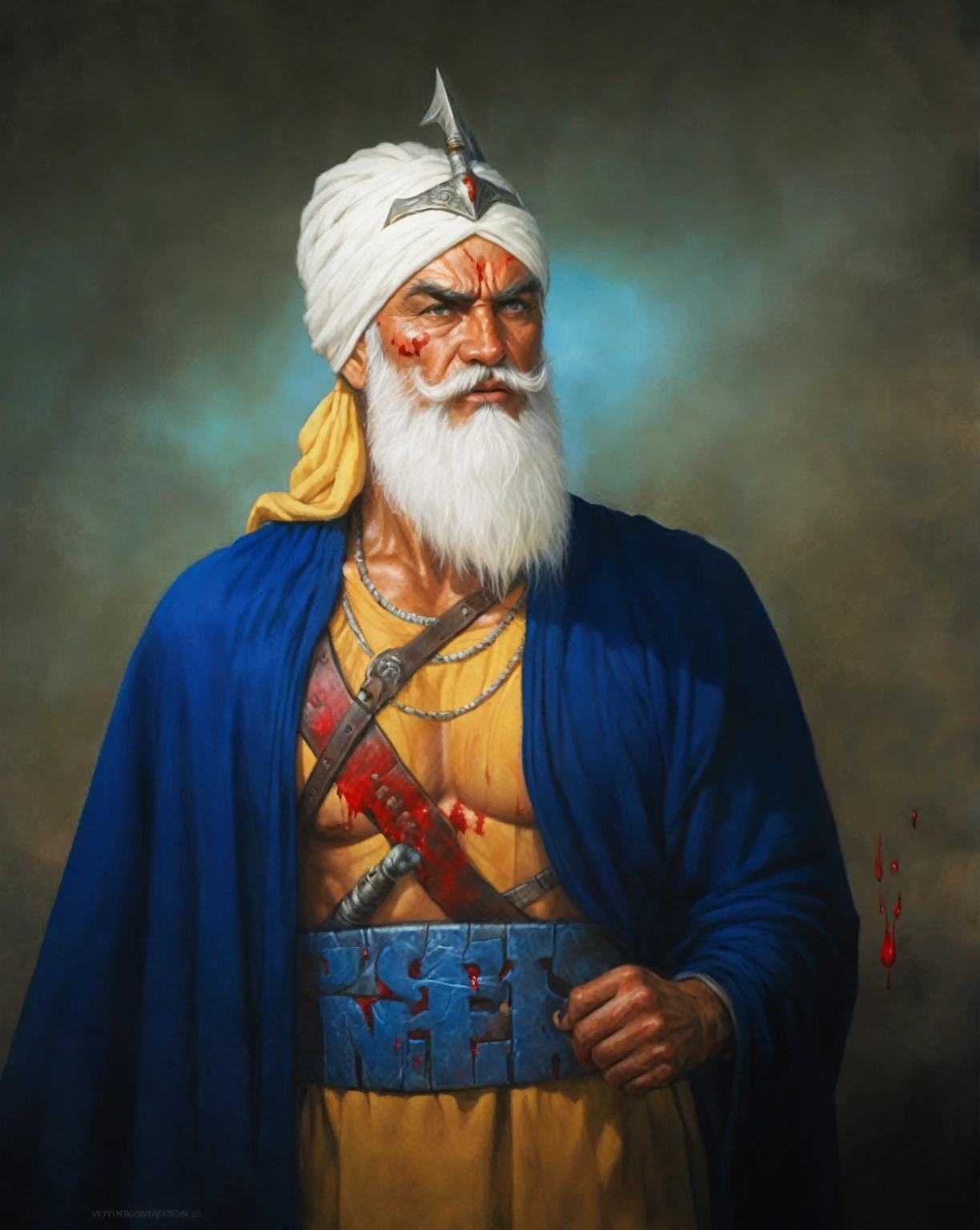 Hyper realistic warrior that has word in his hand with some blood