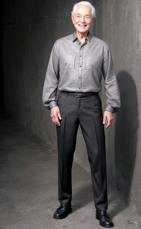 1 19 year old boy, gray blouse, black pants, DECENT CLOTHING, dark brown hair, the background is all gray, wearing black shoes, realisitic, Ablaze, standing, face detailed, very detailed image, beautiful smiling, ultra detaild, the background is all gray escuro