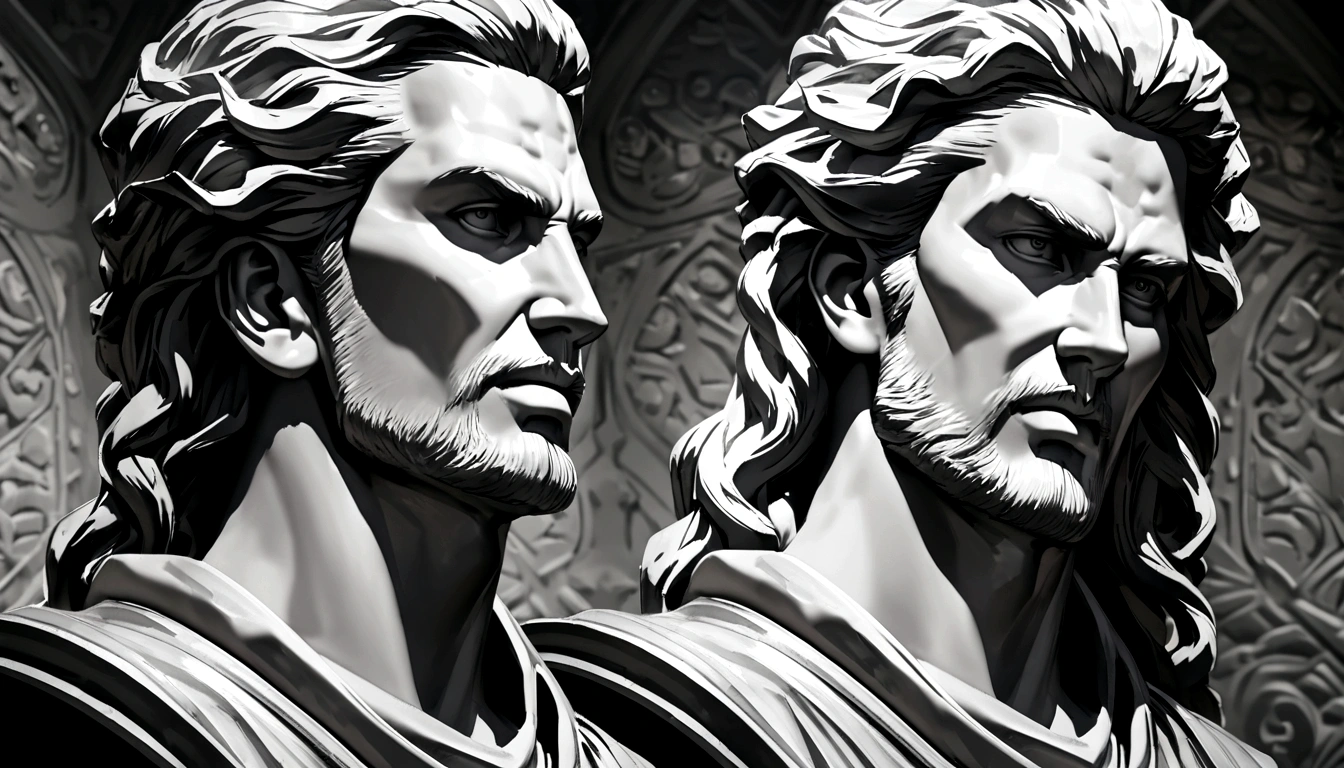 A Portrait Statue of the Stoic Marcus Aurelius in Black and White 4K,Face lateral, super realistic wallpaper,man strong,brawny