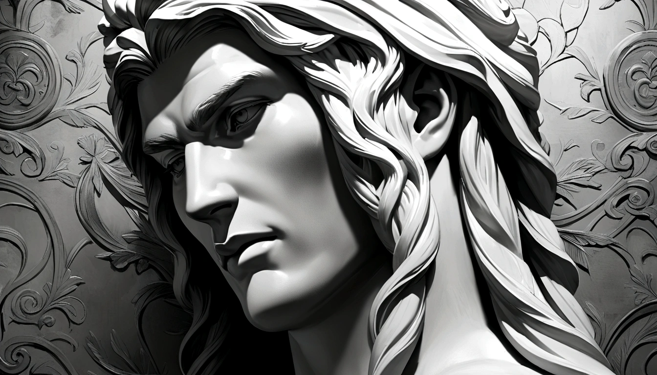 A Portrait Statue of the Stoic Marcus Aurelius in Black and White 4K,Face lateral, super realistic wallpaper,man strong,brawny