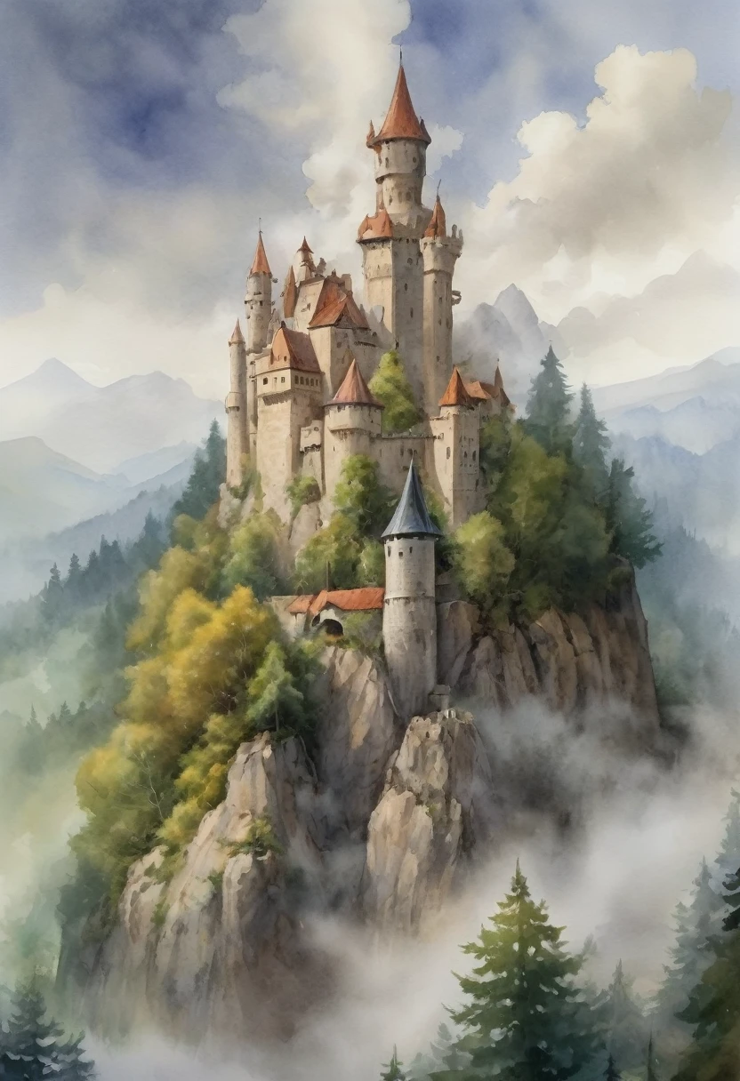 2D game scene, oil and watercolor painting, scenario, medieval castle, big tower in the middle, vapour, FOG, moutain, forest of trees in the background, (work of art:1.2), best qualityer