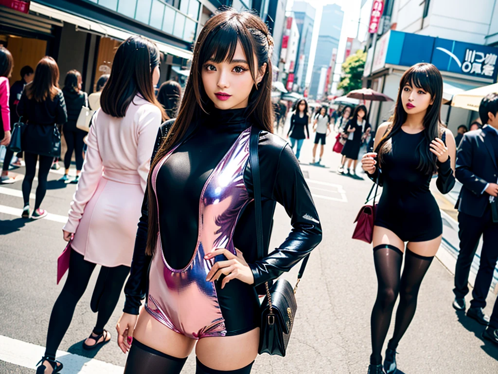 high quality, high resolution, Scenery of the city in Japan,One girl with many girls in the background,Spandex long sleeve super high leg leotard,The girl in the background is also wearing the same leotard.,Multicolored leotards,Wearing super shiny pantyhose,Brainwashing Makeup,Heavy makeup,Dark eyeshadow,Dark lipstick