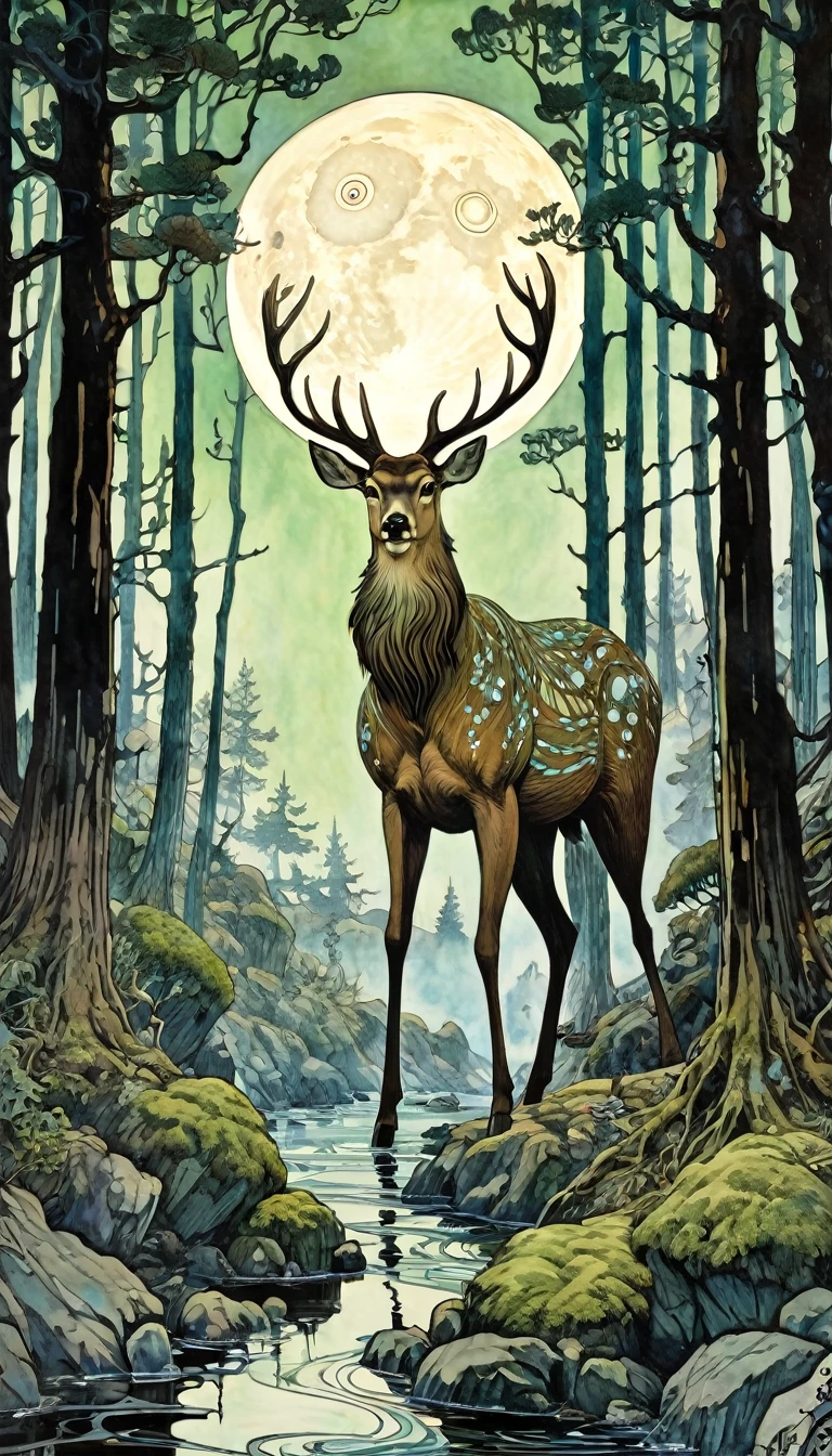 (scratch art style), (Arthur Rackham:1.3), (Paul Signac:1.4), (virgin forest:1.5), (Shinto:1.2), (eerie:1.2), (Giant Deer God:1.3), (three eyes:1.6), (smoke:1.2), roar, fearless smile, tattoo, swell, moss-covered, Flock of birds, moon, (perfect anatomy:1.3), ((master piece)), (ultra-detailed:1.2), (detailed light)(simple oil painting in a style to Bill Sienkiewicz)