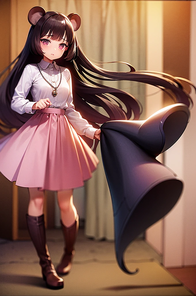 Masterpiece, Ultra quality, 1 girl, mouse-like species, mouse tail, big mouse ears, mouse whiskers, small nose, long shiny brown hair, purple eyes, cute view, looking at the viewer closely, pleading look, long pink skirt, white striped shirt, long brown boots, Pearl Necklace, tender