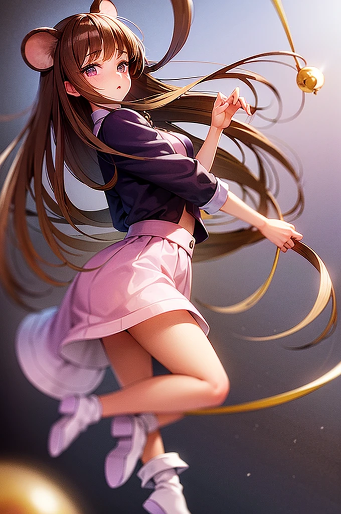 Masterpiece, Ultra quality, 1 girl, mouse-like species, mouse tail, big mouse ears, mouse whiskers, small nose, long shiny brown hair, purple eyes, cute view, looking at the viewer closely, pleading look, long pink skirt, white striped shirt, long brown boots, Pearl Necklace, tender