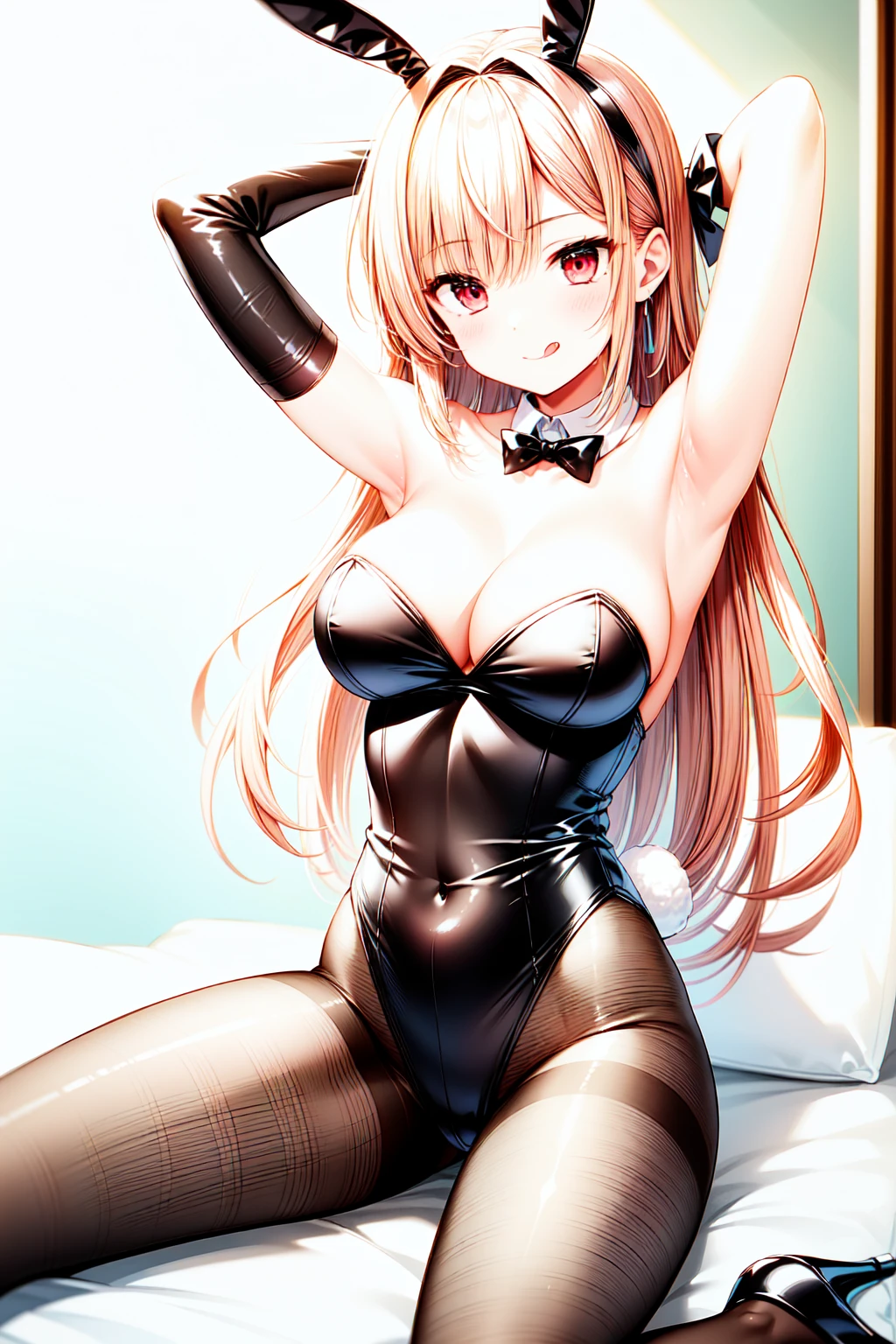1girl, breasts, solo, pantyhose, animal_ears, playboy_bunny, rabbit_ears, one_eye_closed, armpits, long_hair, leotard, covered_navel, tongue_out, tongue, fake_animal_ears, looking_at_viewer, high_heels, bowtie, arms_behind_head, arms_up, detached_collar, spread_legs, pink_hair, highleg, bow, thighband_pantyhose, cleavage, bare_shoulders, red_eyes, black_leotard, highleg_leotard, tail, sitting, ;q, strapless, large_breasts, strapless_leotard, elbow_gloves, black_pantyhose, gloves, thighs, rabbit_tail, black_gloves, smile, collarbone, bangs, brown_pantyhose, pillow, large_breasts, shiny_clothes