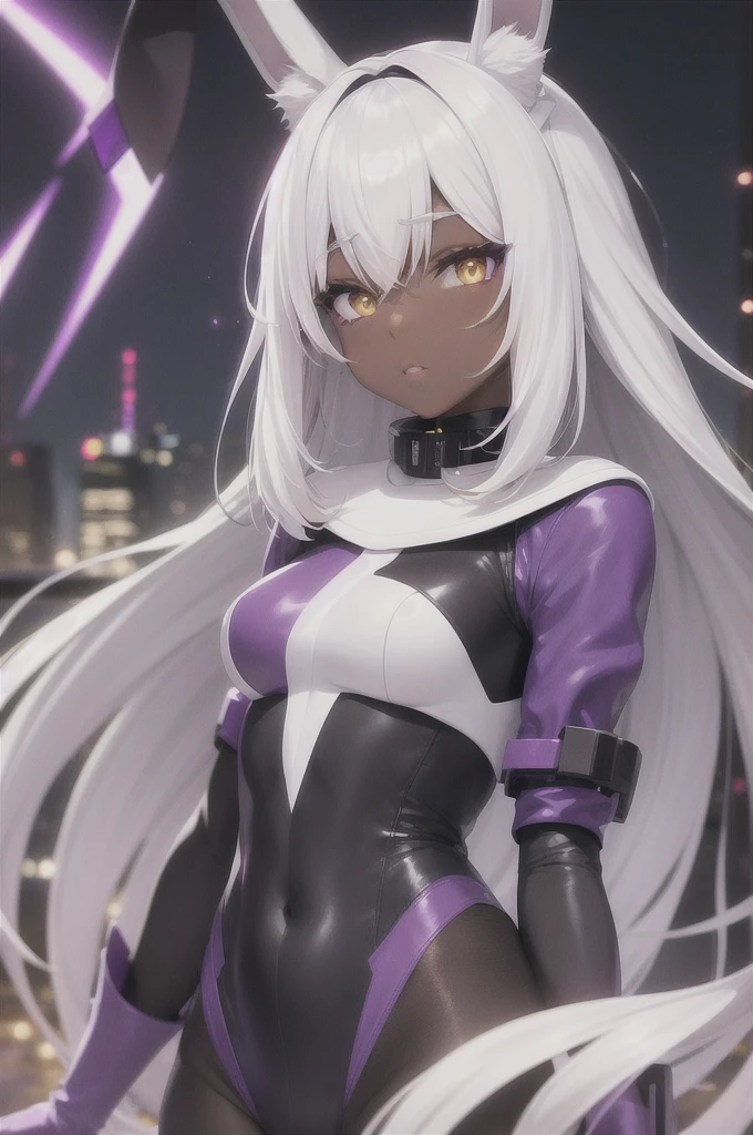 Cute dark skin , bunny ears , white hair with purple accents, yellow eyes  , Cyborg , night city