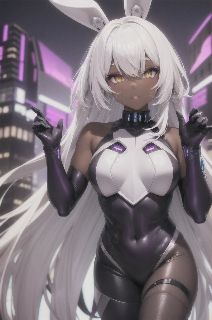 Cute dark skin , bunny ears , white hair with purple accents, yellow eyes  , Cyborg , night city